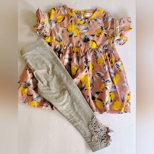 Mae Li Rose Lemon Print Top & Light Grey Leggings w/ Lace & Rhinestone Applique